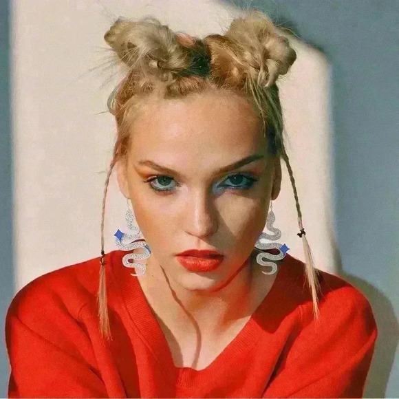 Glittery Silver Snake Oversized Earrings, Festival, Christmas, New Year’s, Party - Picture 5 of 6